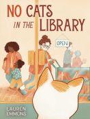 People inside a library and a cat looking in on them