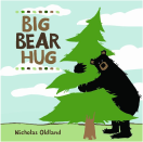 Large illustrated bear hugging a green pine tree