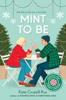 Man in green plaid flannel shirt and woman in red coat sitting outside with coffee and candy canes  e among Christmas trees