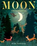 Illustrated woodland animals looking at the crescent moon