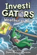An alligator using his front paws to get across a zip line while being encouraged by another alligator