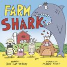 Large gray shark standing on back fin while being watched by other farm animals