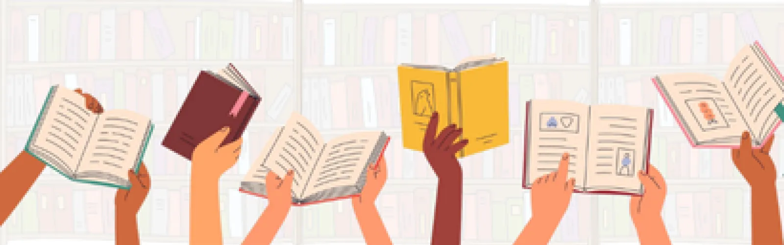 Multiple hands reaching up and holding books.