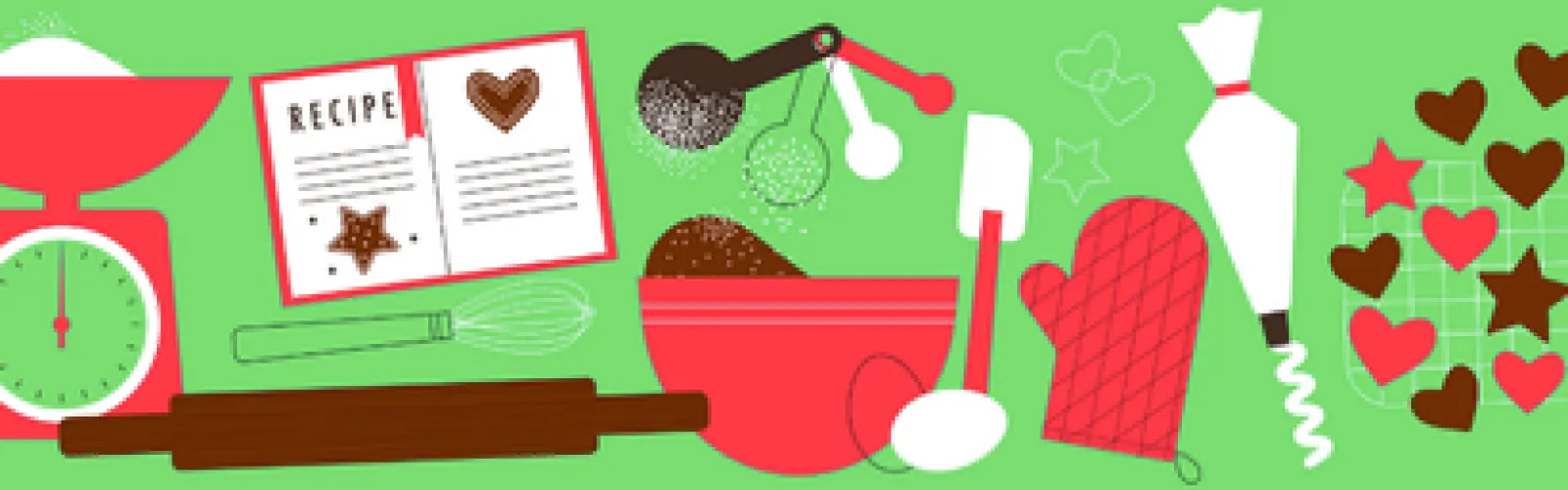 bright green background with baking items in red and white that include food scale, cookbooks, mixing bowl and measuring spoons
