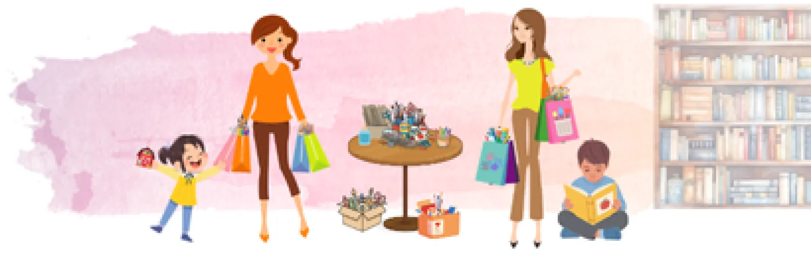 Two women with small children carrying bags and looking at books and craft supplies