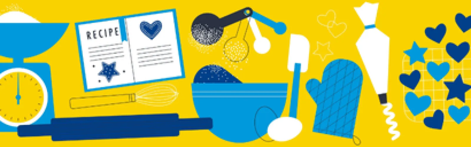 Yellow, blue and white kitchen utensils including oven mitt, rolling pin, recipe book, food scale, whisk and measuring spoons.