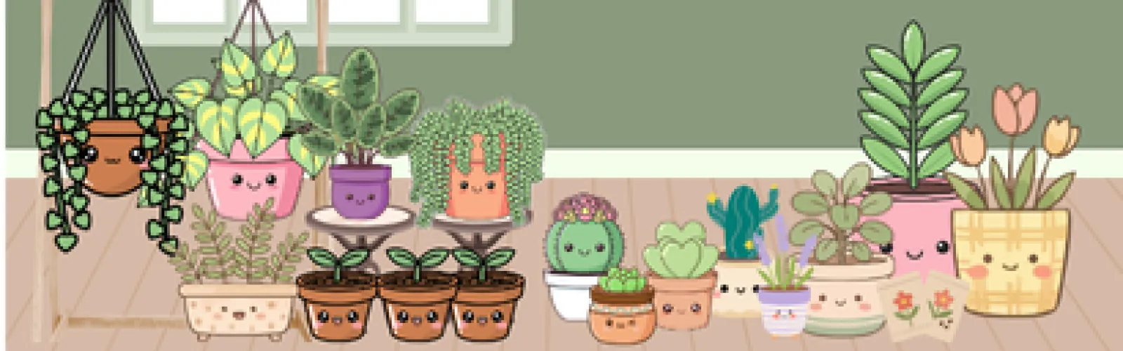 Drawn flowers, cacti, ferns and others with faces on their pots