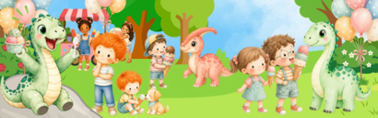 Illustrated children and dinosaurs eating ice cream together outside on lawn with green trees