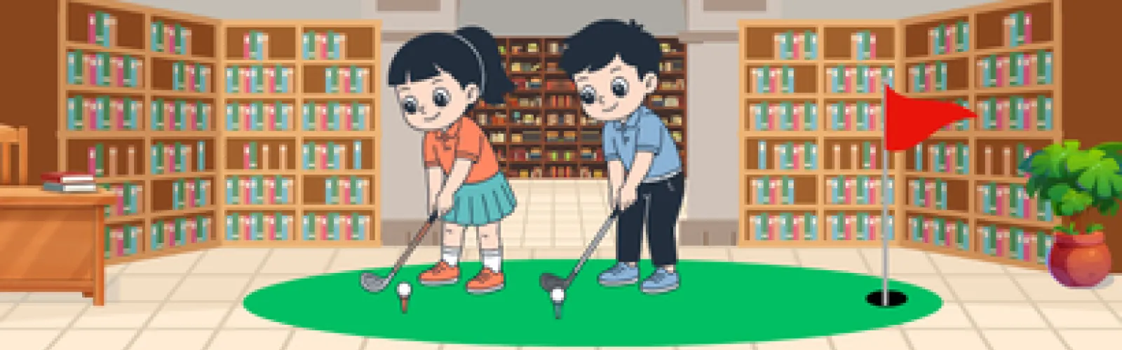 Boy and girl surrounded by books and bookshelves while holding golf clubs and getting ready to putt a golfball