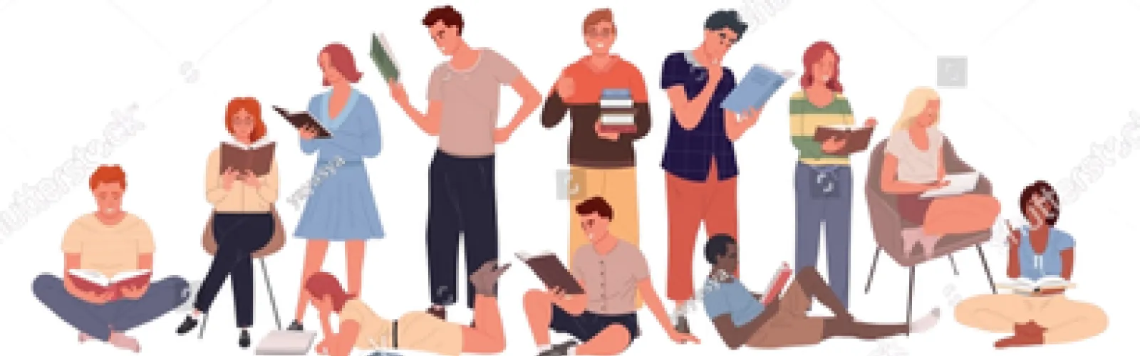 Group of people talking and reading