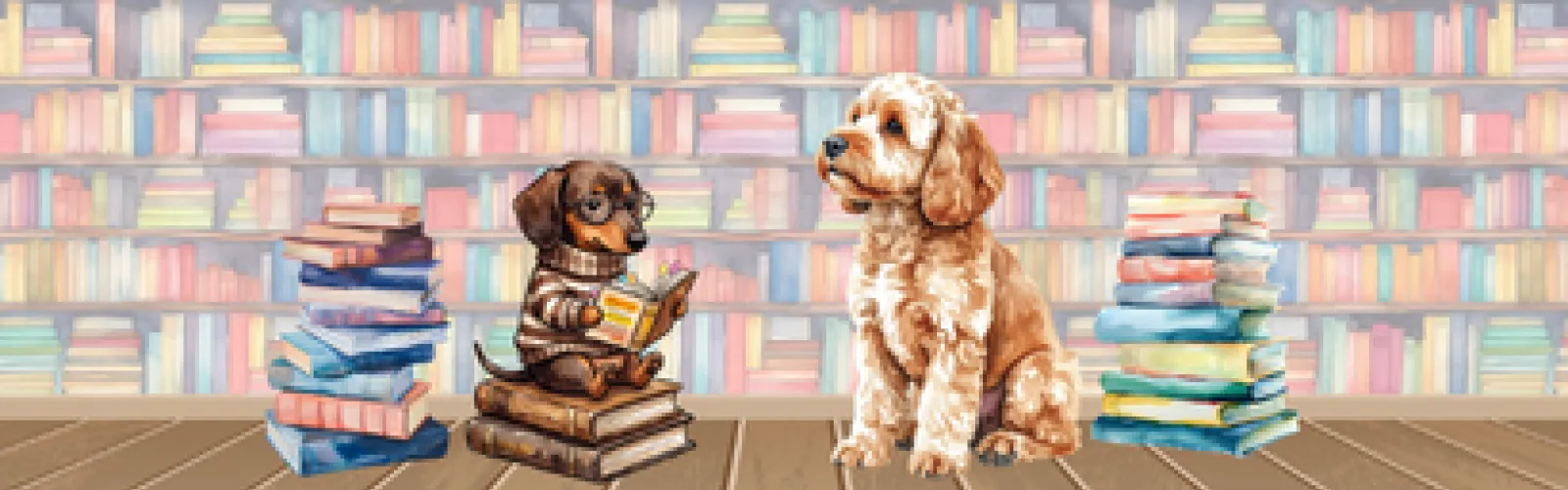 Wall of books with two dogs sitting by piles of books while one dog in sweater and glasses reads to other dog.