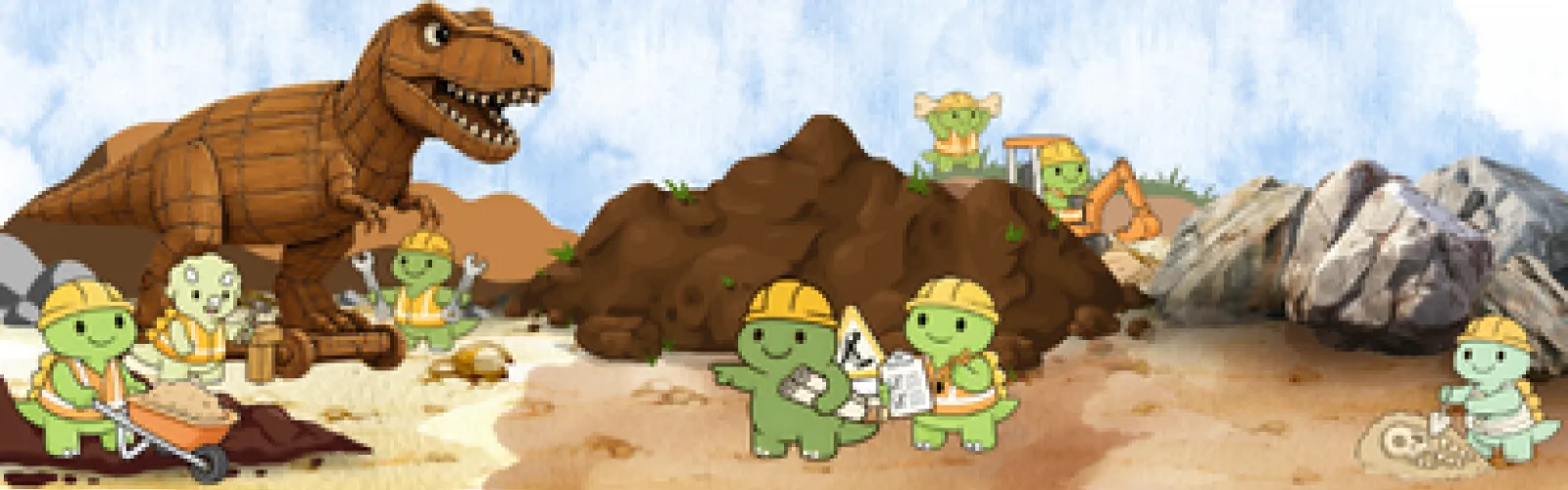 Small cartoon turtes with maps and tools wearing hardhats with a dinosaur coming over the hill.