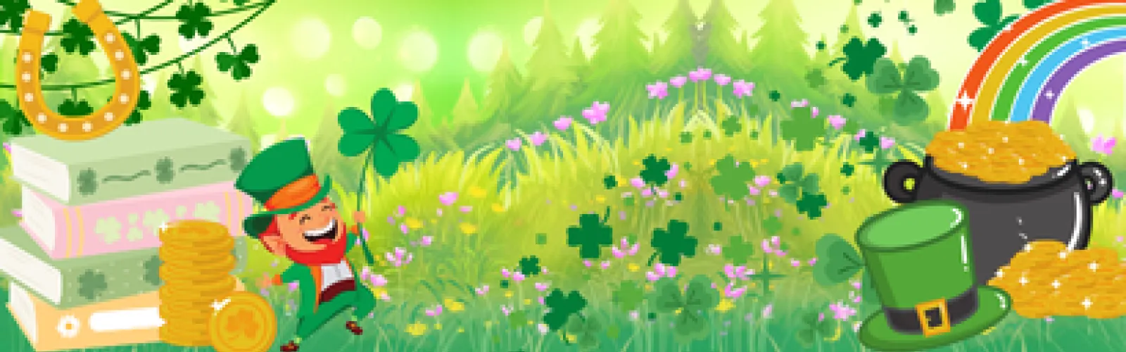 Leprechaun in a field of clovers with a horseshoe, gold coins, pile of books and a pot of gold at the end of a rainbow.