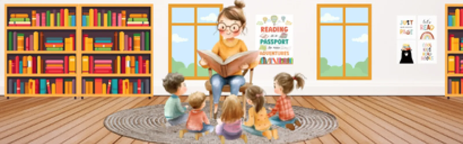 Woman in a library reading to small children who are sitting on a rug.