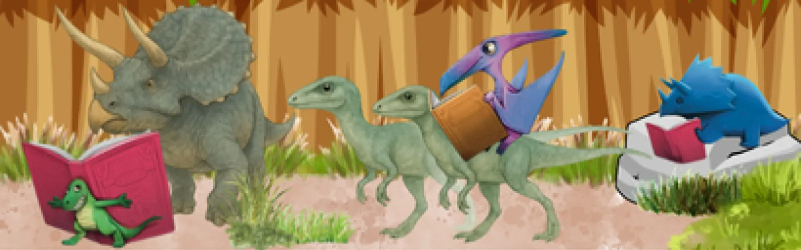 various types of dinosaurs holding and looking at books