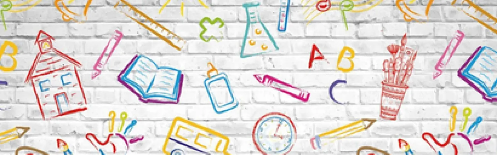 On a white brink background are crayon drawn images of school supplies and school house
