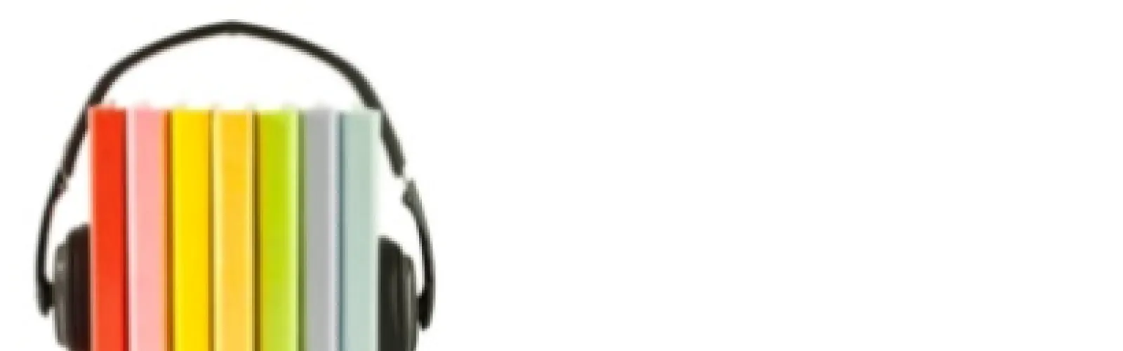 black headphones on either side of a colorful array of books