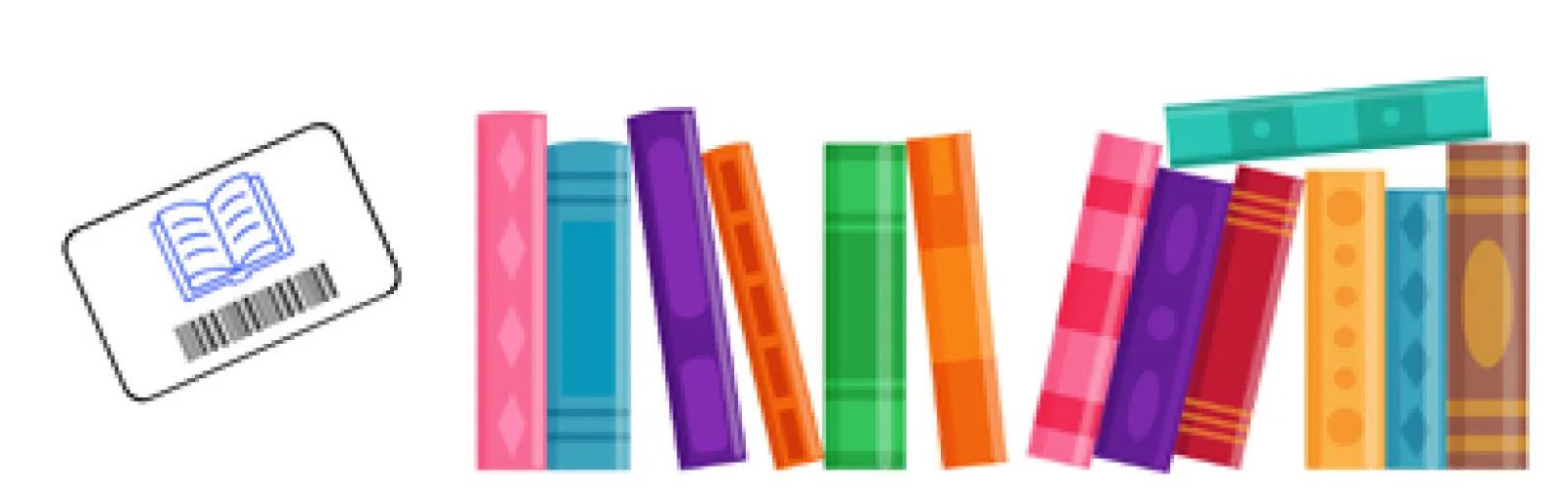 Drawing of a library card and multicolored books stacked up next to it.