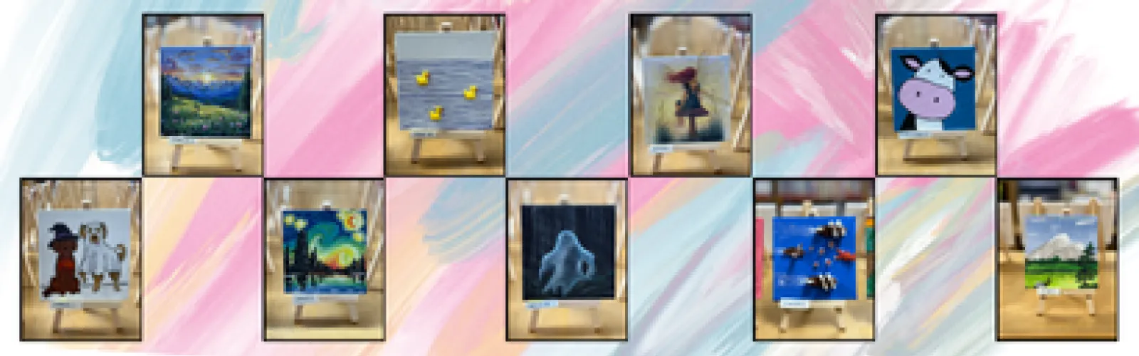 Pink and blue pastel background with artwork including ghosts, dogs, ducks, fairies, cows and landscapes